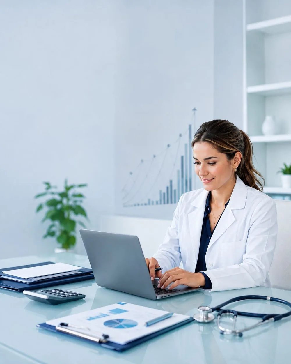 Profissional da saúde trabalhando no notebook em consultório